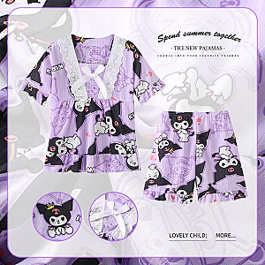 Kuromi Cartoon Bow Short-Sleeve Shirt Pajamas Set